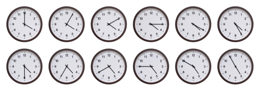 Sequence of dark brown wooden wall clocks showing time progression from 04.00 to 04.55. Ideal for concepts of time management, scheduling, and time flow