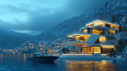Tranquil waterfront retreat, a boat gently bobs beside picturesque house on the calm water