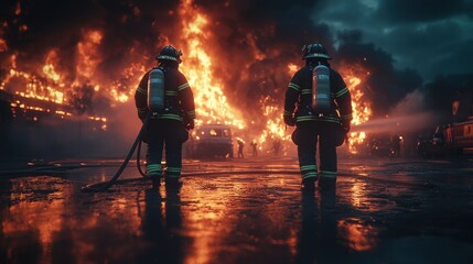 Fototapeta premium Two firefighters bravely face a massive inferno, battling intense flames and smoke.