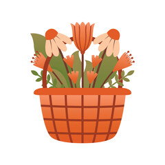 Basket with bouquet of wildflowers. Vintage-inspired floral vector element with a touch of rustic charm. Summer in village. Cottagecore concept. Flat Design. Cute naive clipart.