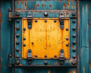 Rusty, Yellow Panel on a Teal Metal Container