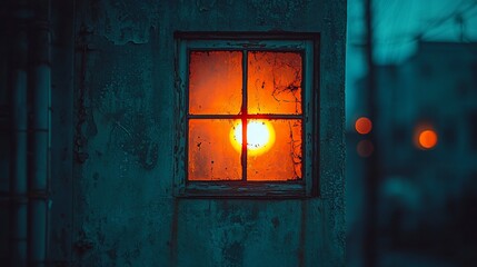 Rusty window glows with sunset, urban alleyway at dusk