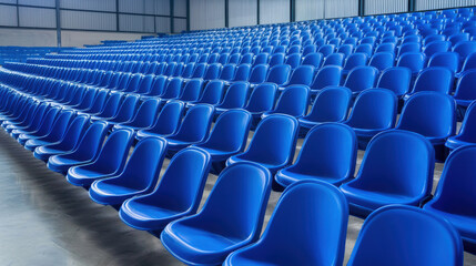 Obraz premium An empty stadium with blue plastic seats arranged in neat rows.