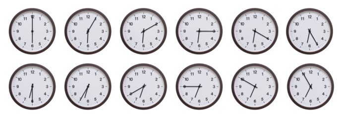 Sequence of dark brown wooden wall clocks showing time progression from 06.00 to 06.55. Ideal for concepts of time management, scheduling, and time flow