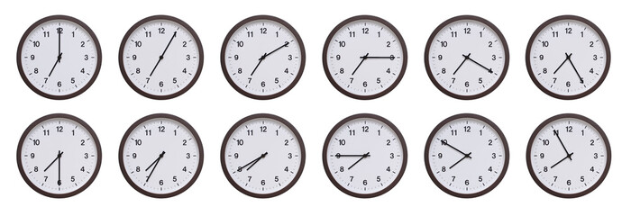 Sequence of dark brown wooden wall clocks showing time progression from 07.00 to 07.55. Ideal for...