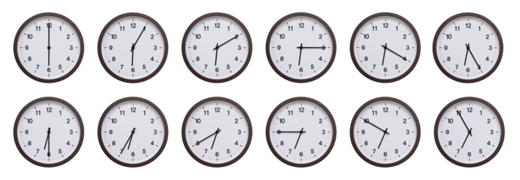 Sequence of dark brown wooden wall clocks showing time progression from 06.00 to 06.55. Ideal for concepts of time management, scheduling, and time flow