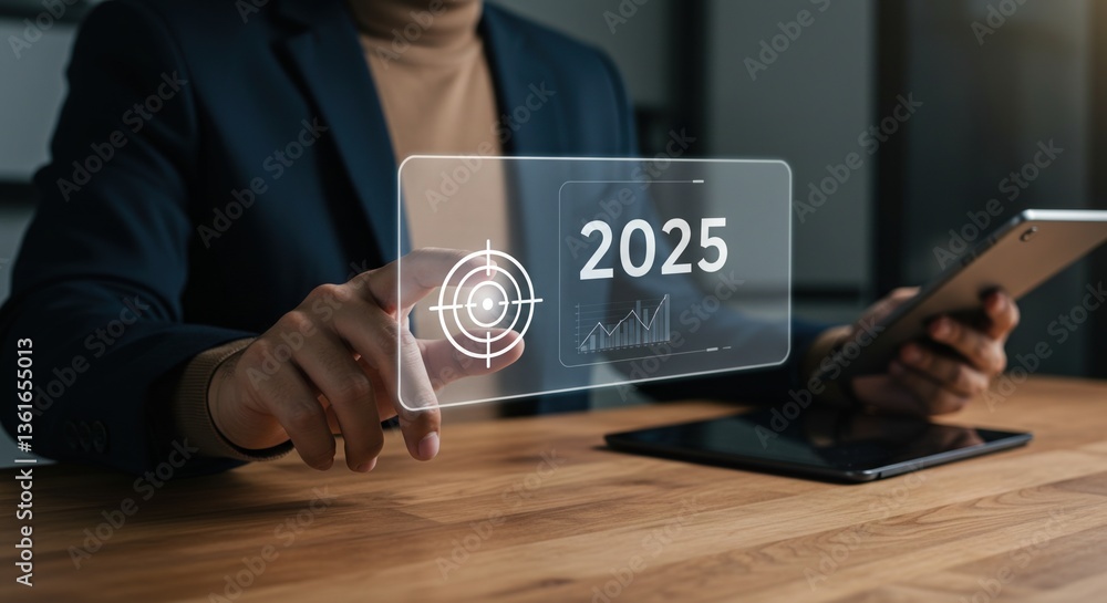 Poster a young adult male in a suit using technology to plan and analyze projections for 2025 with graphs a
