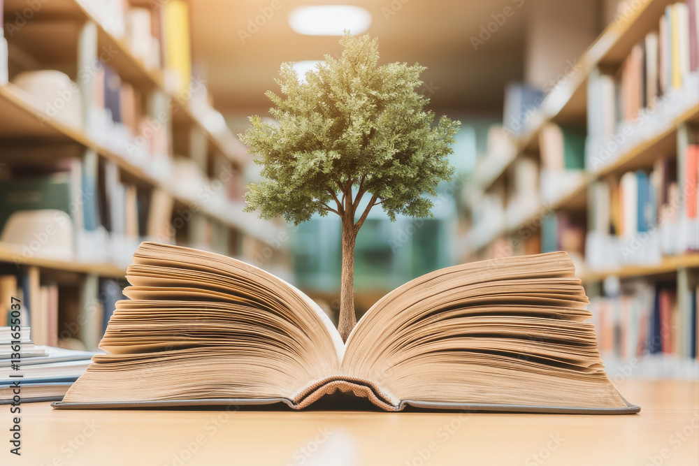 Poster an open book with a small tree growing from its pages, symbolizing knowledge and nature.