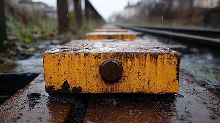 Rusty yellow railway sleepers on wet tracks, city in background
