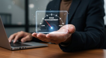 A Business Professional Analyzing Risk Management Strategies Using a Digital Interface Displaying Metrics for Low, Medium, and High Risk Levels in the Office Environment
