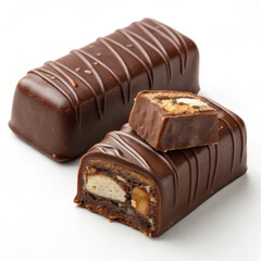 A close-up of two chocolate bars, one whole and one partially cut to reveal its layered interior....
