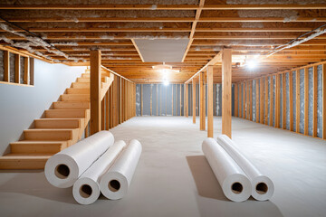 Bright and spacious basement with renovation materials ready for interior design.