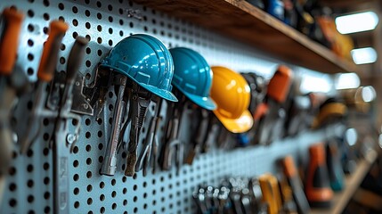 Safety Hard Hats on Pegboard Workshop Wall