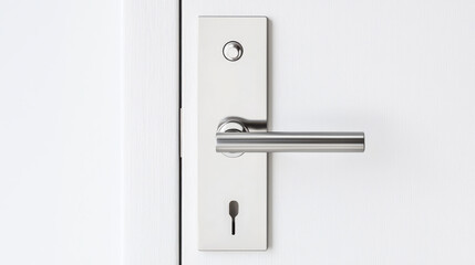Close-up view of a modern door handle on a sleek white door.