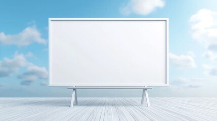 Obraz premium Blank billboard on wooden floor with blue sky background, perfect for advertising and display