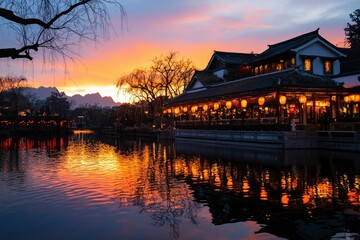 Obraz premium Lakeside Restaurant at Sunset