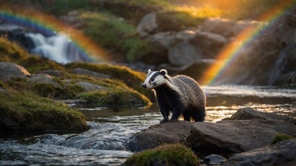 A badger stands by a stream with rainbows in the background, showcasing nature's beauty.