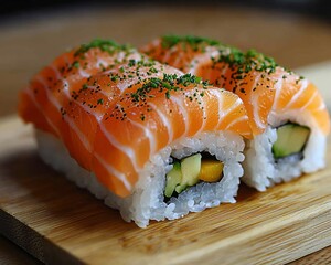 Salmon sushi rolls on wooden board