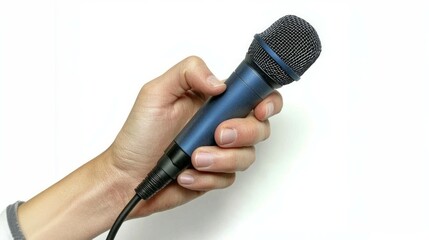 a mans hand from behind holding a microphone to the side, studio lighting, white background, ultra realistic