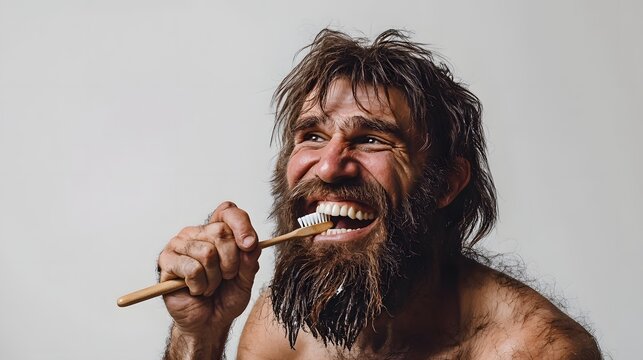 Cheerful caveman like man brushing his teeth with a stick