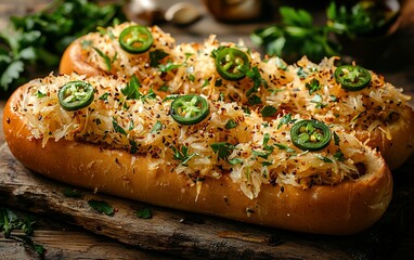 Savory sauerkraut hot dogs on wooden board