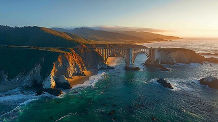 Scenic Bixby Bridge at Sunset over Pacific Coast
