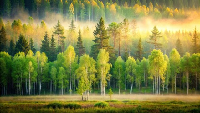 Misty Dawn in a Spring Forest Golden Sunlight Illuminates a Tranquil Grove of Birch and Pine Trees, Enveloped in a Gentle Morning Haze
