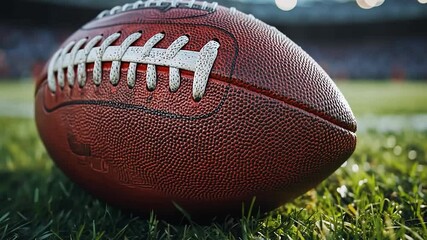 Close-up of a football on the grass field during a game with spectators
