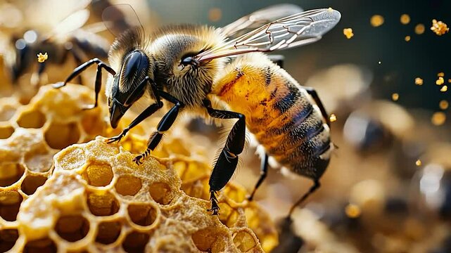 Close-up of a bee collecting pollen from honeycomb in nature