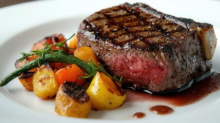 a gourmet steak dinner on a white plate, featuring a juicy, medium-rare ribeye steak with grill marks, served with roasted vegetables and a drizzle of sauce. 