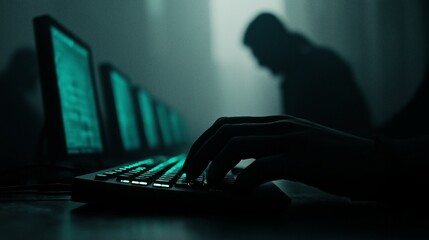 A hacker in a dark room typing on a laptop, symbolizing cybersecurity threats and online security risks in the digital world.