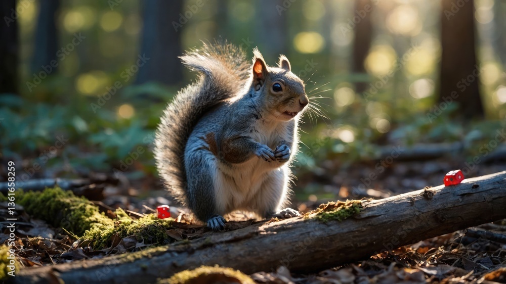 Aufkleber a squirrel stands on a log in a sunlit forest, surrounded by greenery and small objects.