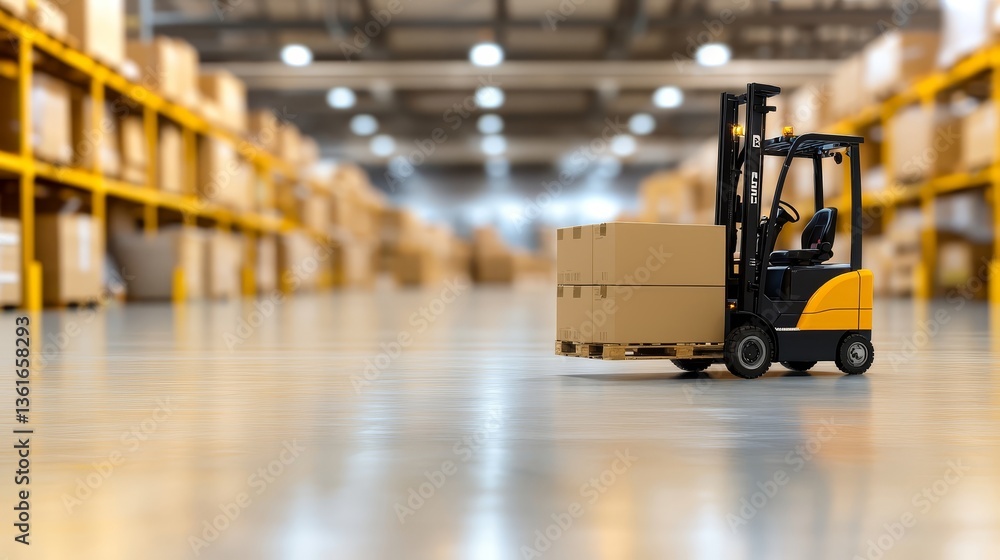 Aufkleber efficient forklift operation, navigating warehouse aisles filled with stacked boxes for seamless log