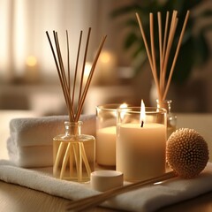 Scented home decor, candles, diffusers on table, soft lighting
