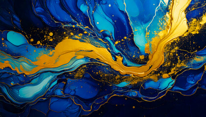 Abstract blue and gold marble. Ink flow.