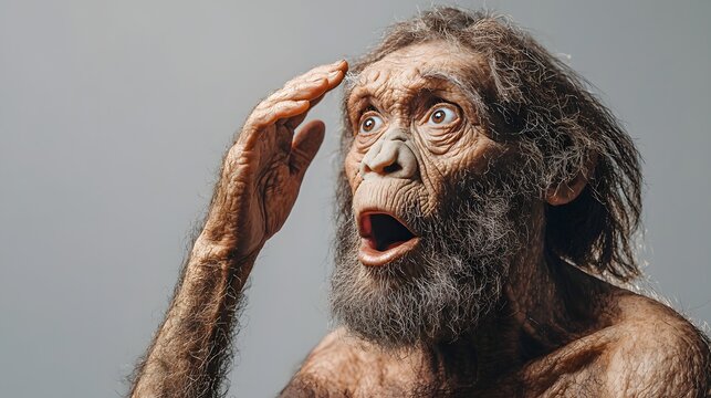Curious and Surprised Primitive Neanderthal Man