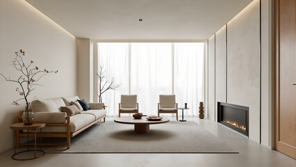 erene wabi-sabi living room with handmade plaster walls, linen cushions, and woven rattan chair under natural light