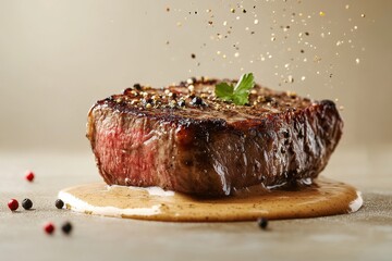 Juicy steak with pepper, sauce, and parsley garnish on a neutral background. Use for menus, cookbooks, restaurants, or other food-related projects.