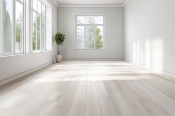 Fototapeta premium Empty bright room with light wooden floor and large windows. real estate and interior concept