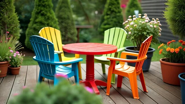 A table with four chairs around it. The chairs are in different colors. The table is red