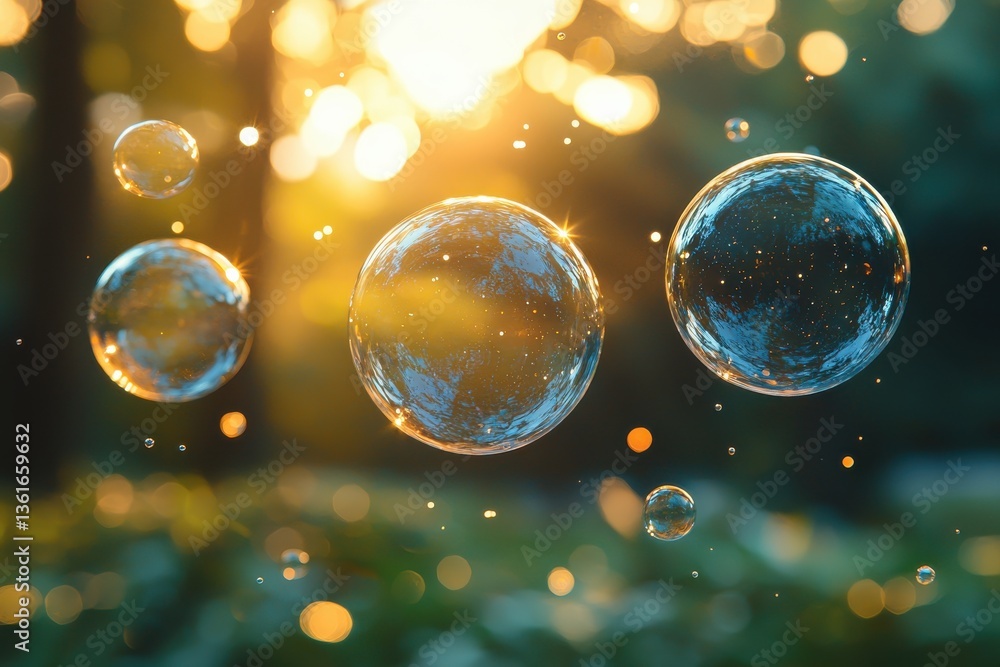 Poster bubbles floating in a sunlit forest during golden hour create a magical and serene atmosphere