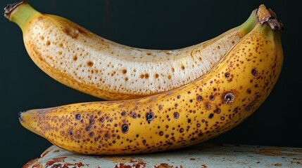 Two overripe bananas with brown spots, resting on a rustic surface against a dark background.