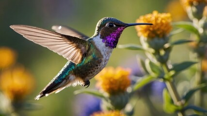 Fototapeta premium A hummingbird hovering near vibrant flowers, showcasing nature's beauty and pollination.