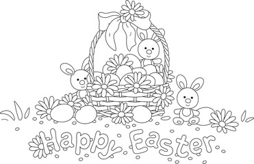 Greeting card with happy Easter bunnies and painted gift eggs in a wicker basket decorated with a bow and flowers, black and white vector cartoon illustration for a coloring book
