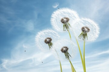 Dandelion seeds floating in air under soft blue sky. nature and dreams