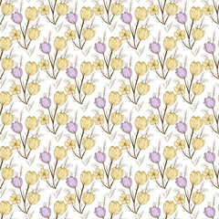 A seamless floral pattern with hand-drawn yellow and purple flowers on a white background. The design features delicate branches, leaves, and subtle shading, creating an elegant look. Vector pattern 