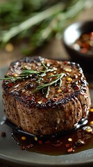 Seared Steak with Rosemary on Plate