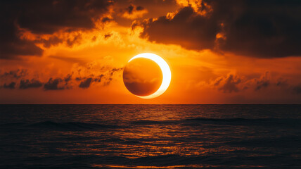 Partial solar eclipse during sunset over calm ocean waves
