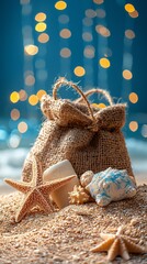 Seashells & Starfish in Burlap Bag on Beach