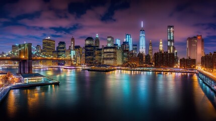 Obraz premium NYC Skyline at Night; Cityscape, bridge, river; Panoramic view; Stock photo